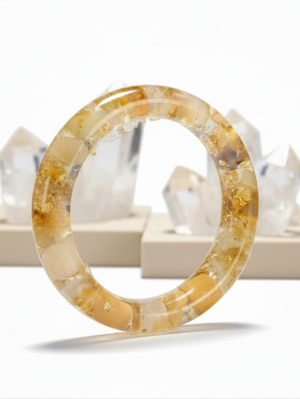 Gold-Tone Resin Bangle Bracelet with Metallic Flakes & Yellow Stones Jewelry
